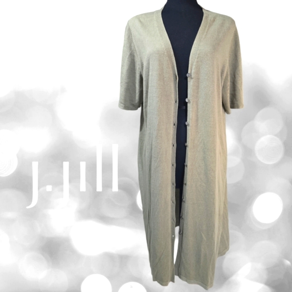 J. Jill Beige/Moss Green Cardigan Lightweight Knit Sweater